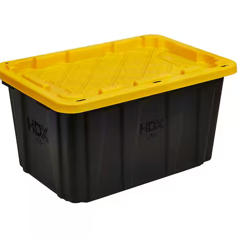 The HDX Storage Tote Bin 27 Gal. features a durable black container with a bright yellow textured lid for added grip. The letters HDX are embossed on the side.